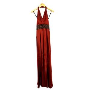 Badgley Mischka New W Tags Copper Silk Halter Bejeweled Evening Gown W Train 4
